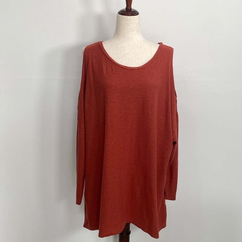 Cut Loose Lagenlook Cold Shoulder Blouse Cotton Linen One Size Burnt Orange